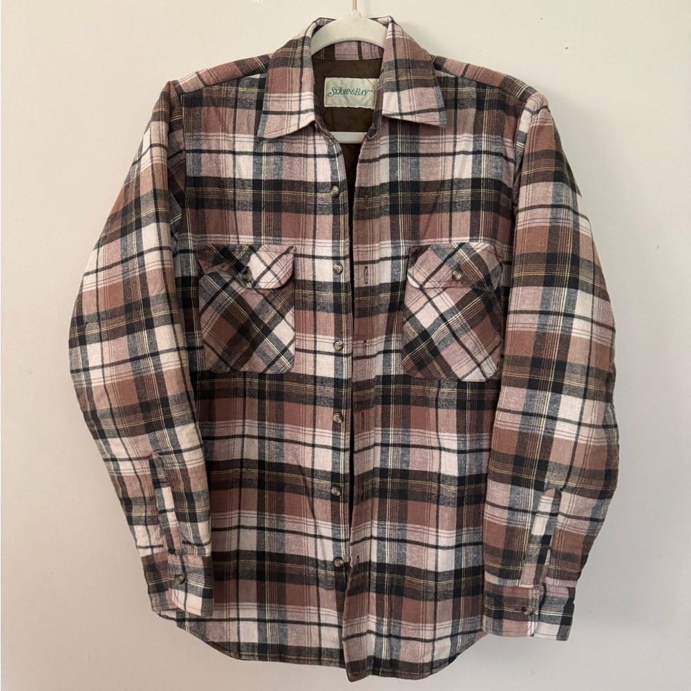 St John’s Bay(XS-S) unisex brown multicolor plaid quilted button up shirt jacket